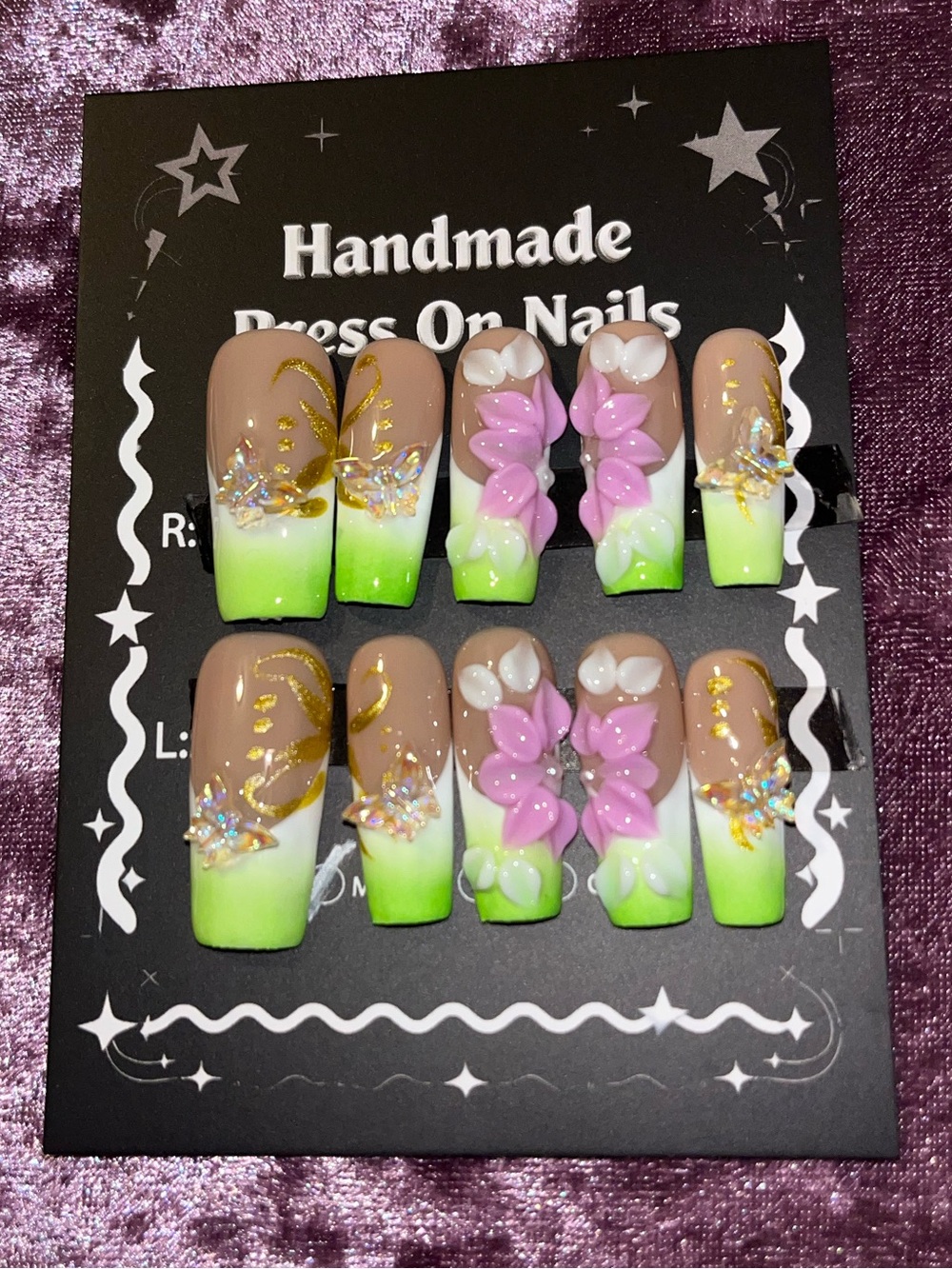 Handmade Pink & Neon Green Floral Press-On Nails